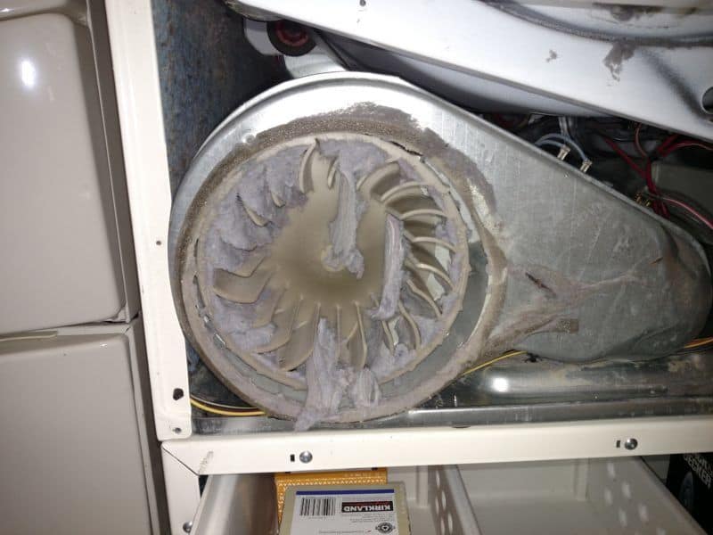 Picture of a dryer fan whose blades are significantly plugged with lint. This was from a dryer vent cleaning job in Charles Town, WV.