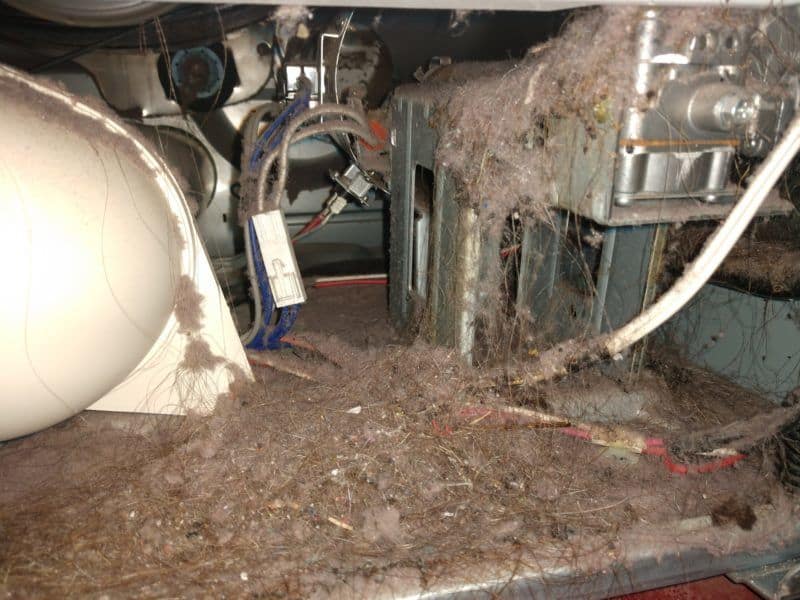 Picture of the inside of a dryer. with significant buildup of pet hair and lint. This was discovered during the dryer internal cleaning during a dryer vent cleaning in Gaithersburg, MD.
