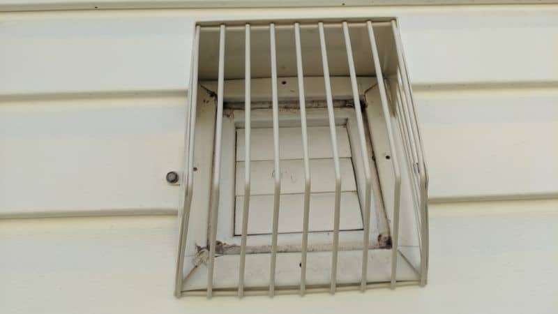 Picture of a Defender brand bird guard on a dryer vent. This was from a bird guard installation in Germantown, MD.