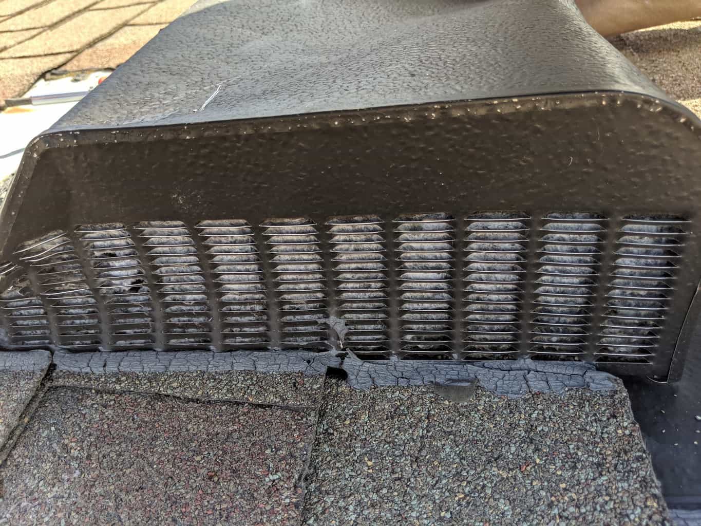 Picture of a dryer vent roof cover with clogged screens in Frederick, MD