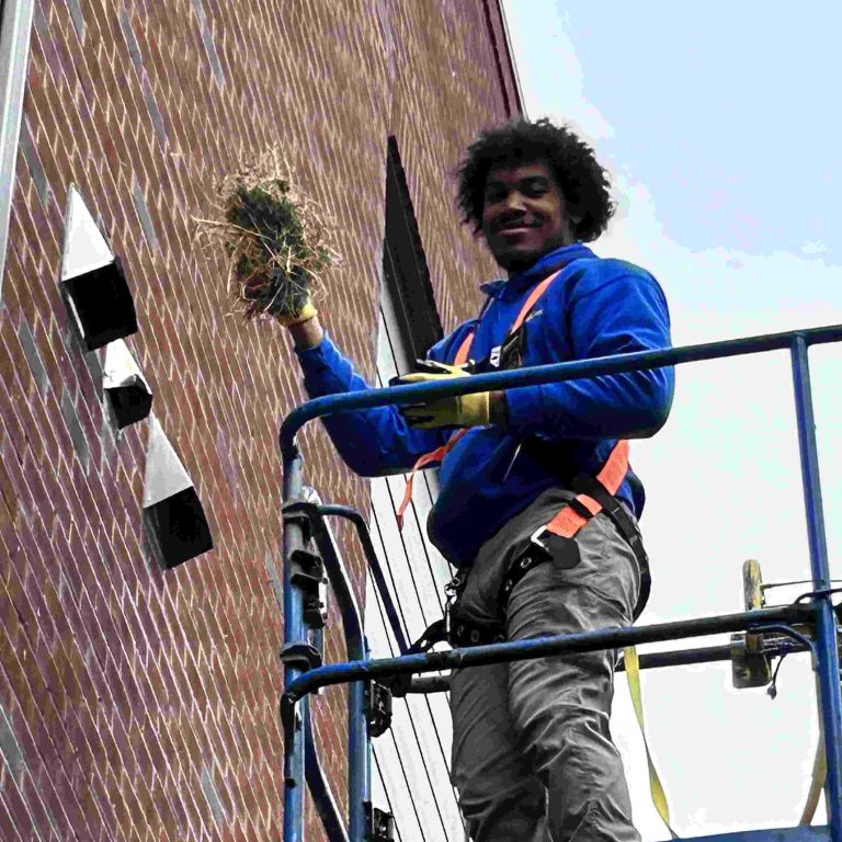 Urbana Dryer Vent Cleaning employee on a boom lift removing a bird nest from a bathroom fan vent